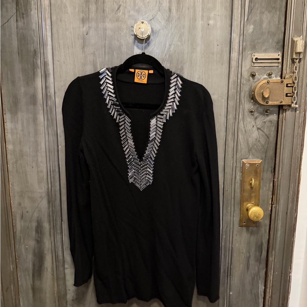 Tory Burch Black Tunic Sweater with Silver Accents